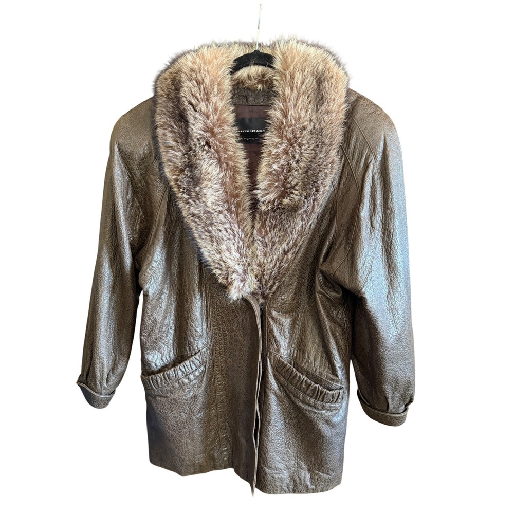 Vintage Staten Island Furrier Leather Coat Fox Fur Collar Brown L XL Custom